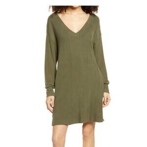 Socialite Knit Sweater Dress Womens Medium Olive Green Vneck